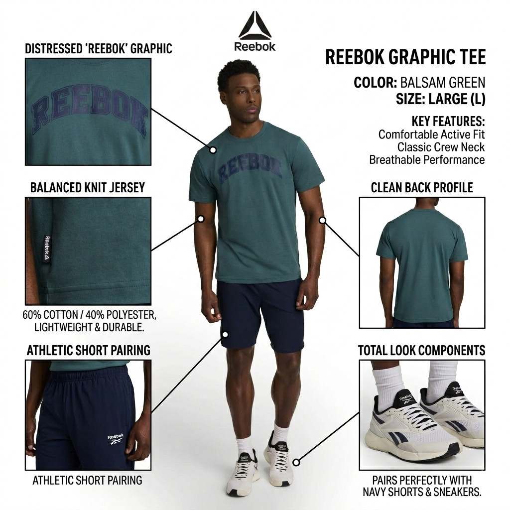 Reebok Men's Graphic Tee Shirt Balsam Green Size Large L Crew Neck Athletic New gallery
