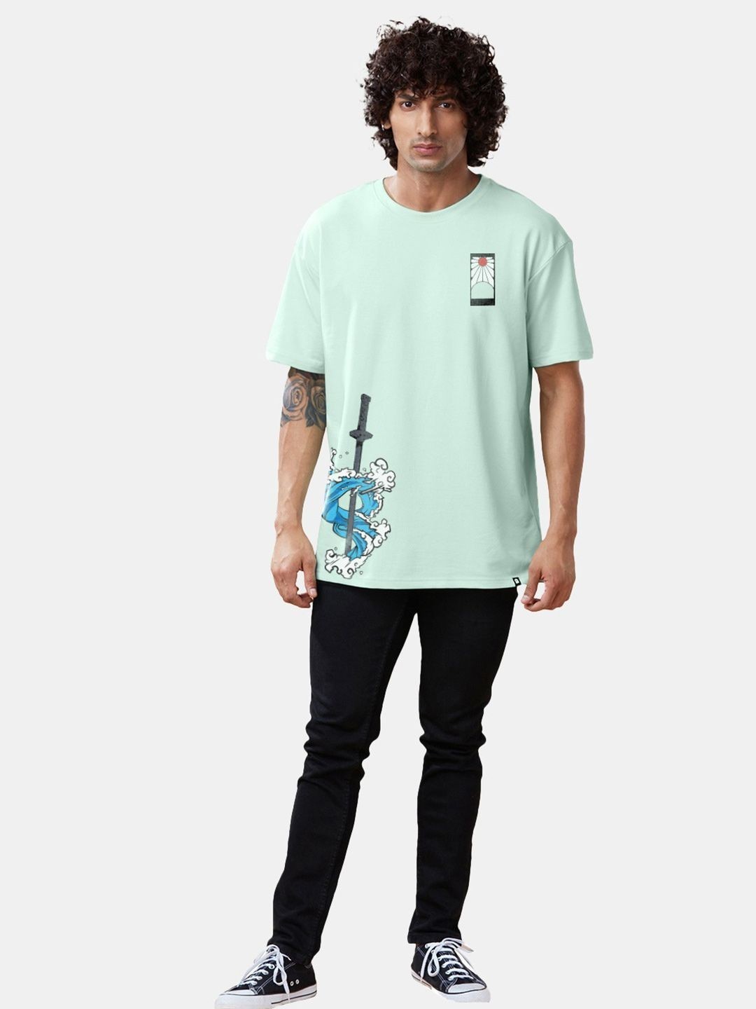 Tanjiro Kamado Anime Printed Drop-Shoulder Sleeves Cotton Oversized T-shirt gallery