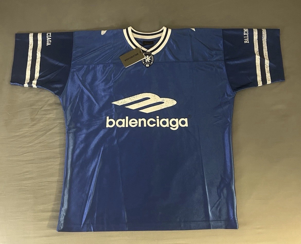 Balenciaga Men's L Blue/White Logo V-Neck Short Sleeve Satin T-Shirt gallery
