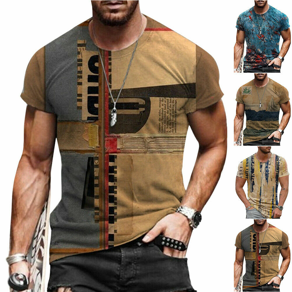T-Shirt Mens Vintage Printed Short Sleeve Blouse Summer Casual Fitness Tops Tee gallery