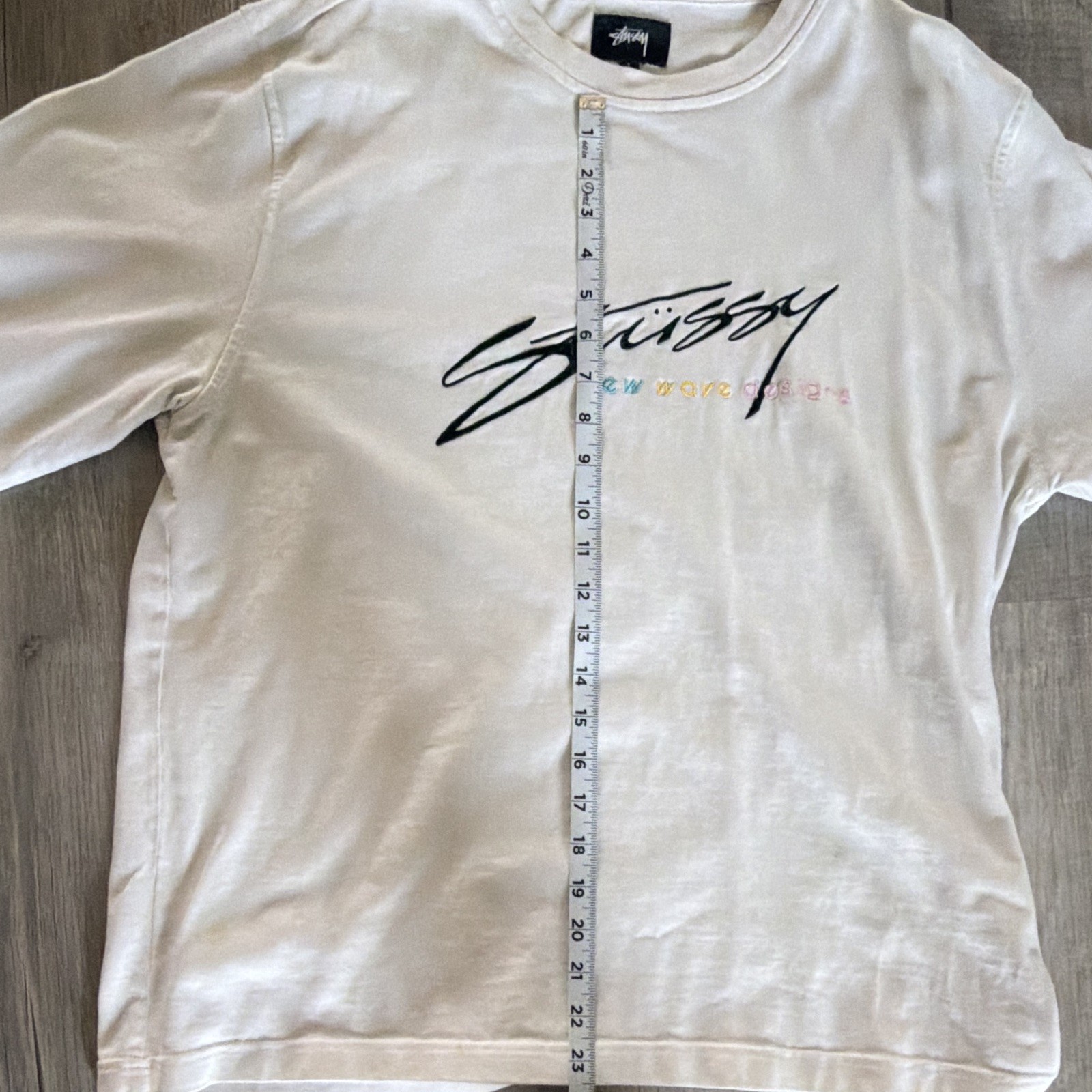 Stussy Men's Beige Graphic Logo Crew Neck Long Sleeve Cotton Knit Tee L gallery