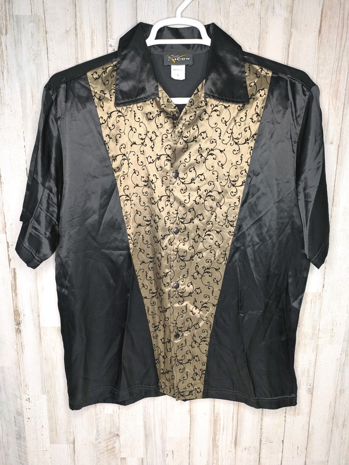Vintage Pop Icon Shirt Mens L Black Gold Button Up Goth Rave Sheer Made in USA gallery