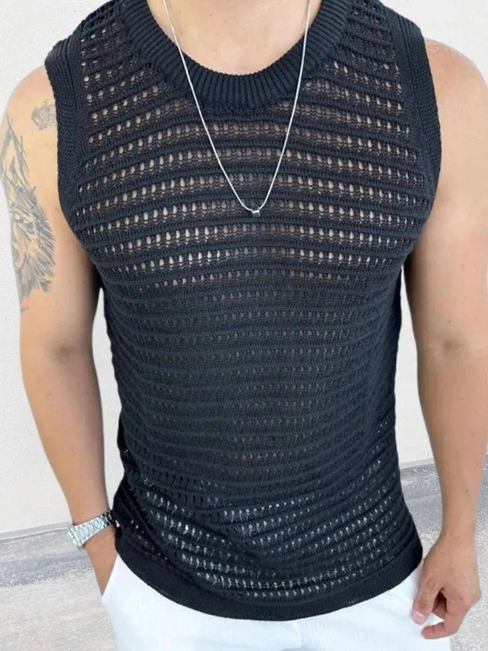 Ivory Round Neck Hollow Out Sleeveless Knit Men's Top gallery