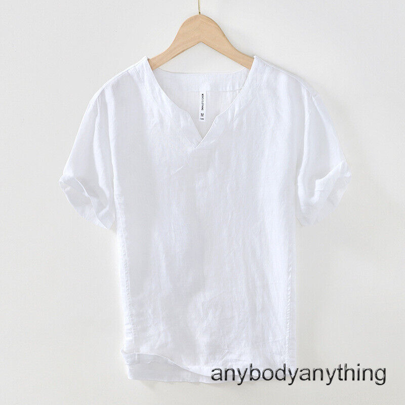 New Men 100% Linen T-shirt Retro V Neck Summer Short Sleeves Tops Casual Undersh gallery