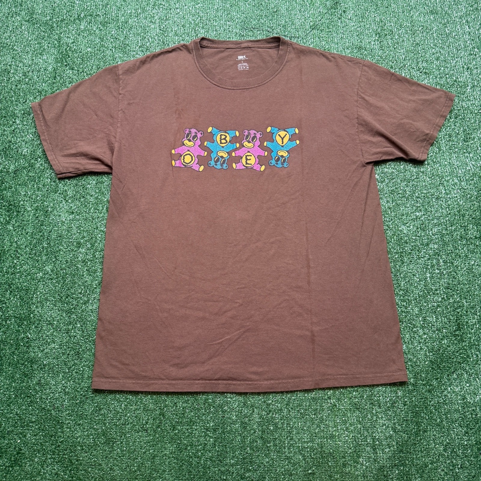 Obey Mens Shirt Size L Brown Short Sleeve Teddy Bear Graphic Tee Streetwear gallery