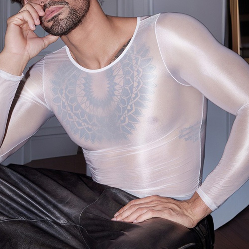 Long Sleeve Men's Sexy Lingerie Top O Neck Tight Sheer Shirts Oil Shiny gallery