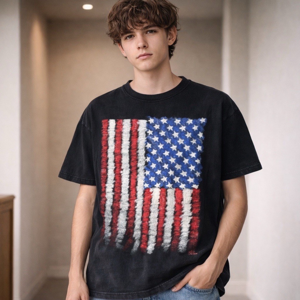 VTG 90s USA Textured Flag T Shirt Single Stitch Sun Faded Black Y2K Mens Large gallery
