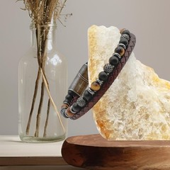 Men’s Leather Bracelet Stack with Textured Stainless Steel Beads, Hematite, B…