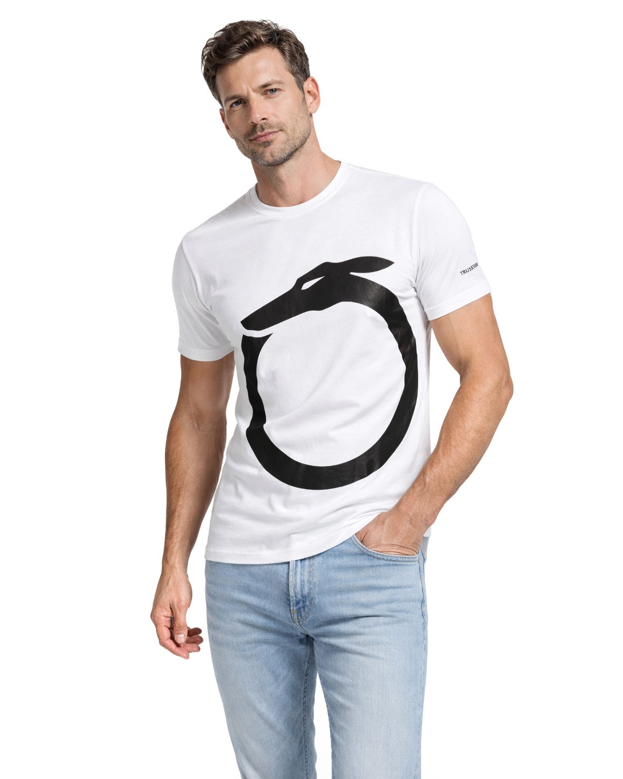 NWT TRUSSARDI Milano T-SHIRT crewneck cotton white black luxury Italy L gallery