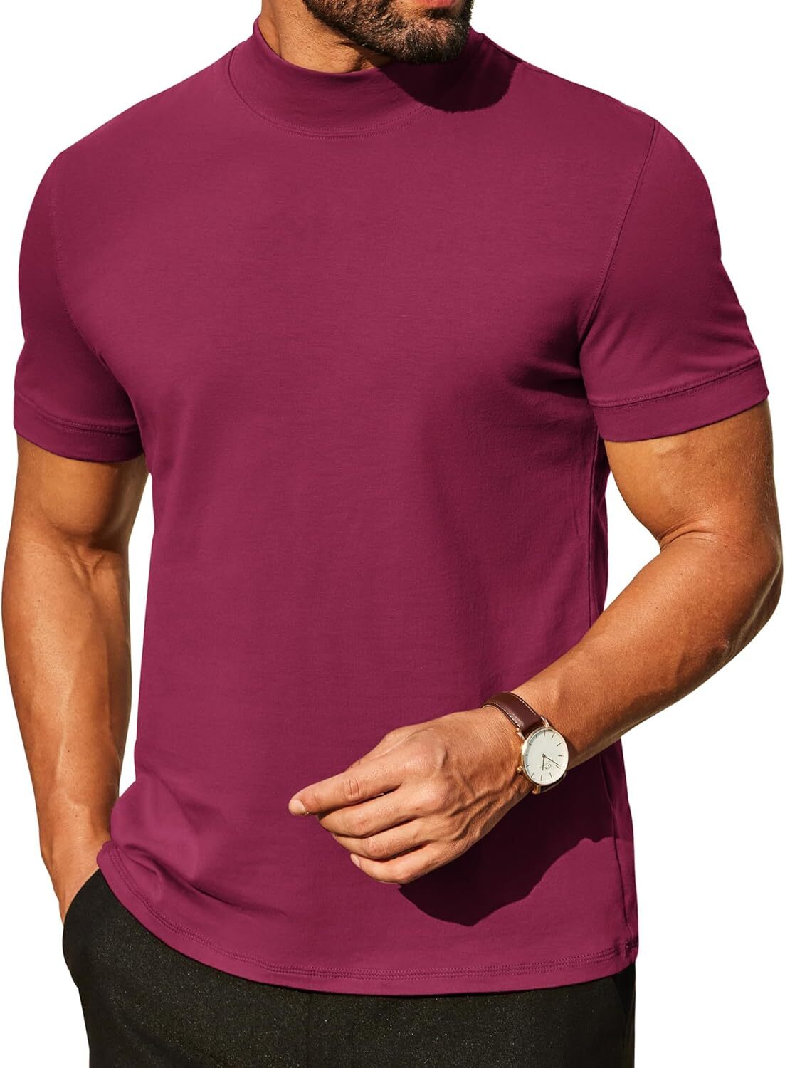 Mens Premium Cotton Short Sleeve Mock Turtleneck Half Neck Basic Tee Casual Fit gallery