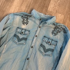 Y2K Buckle Black Button Up Double Sided Graphic Shirt – Mens Large – Blue