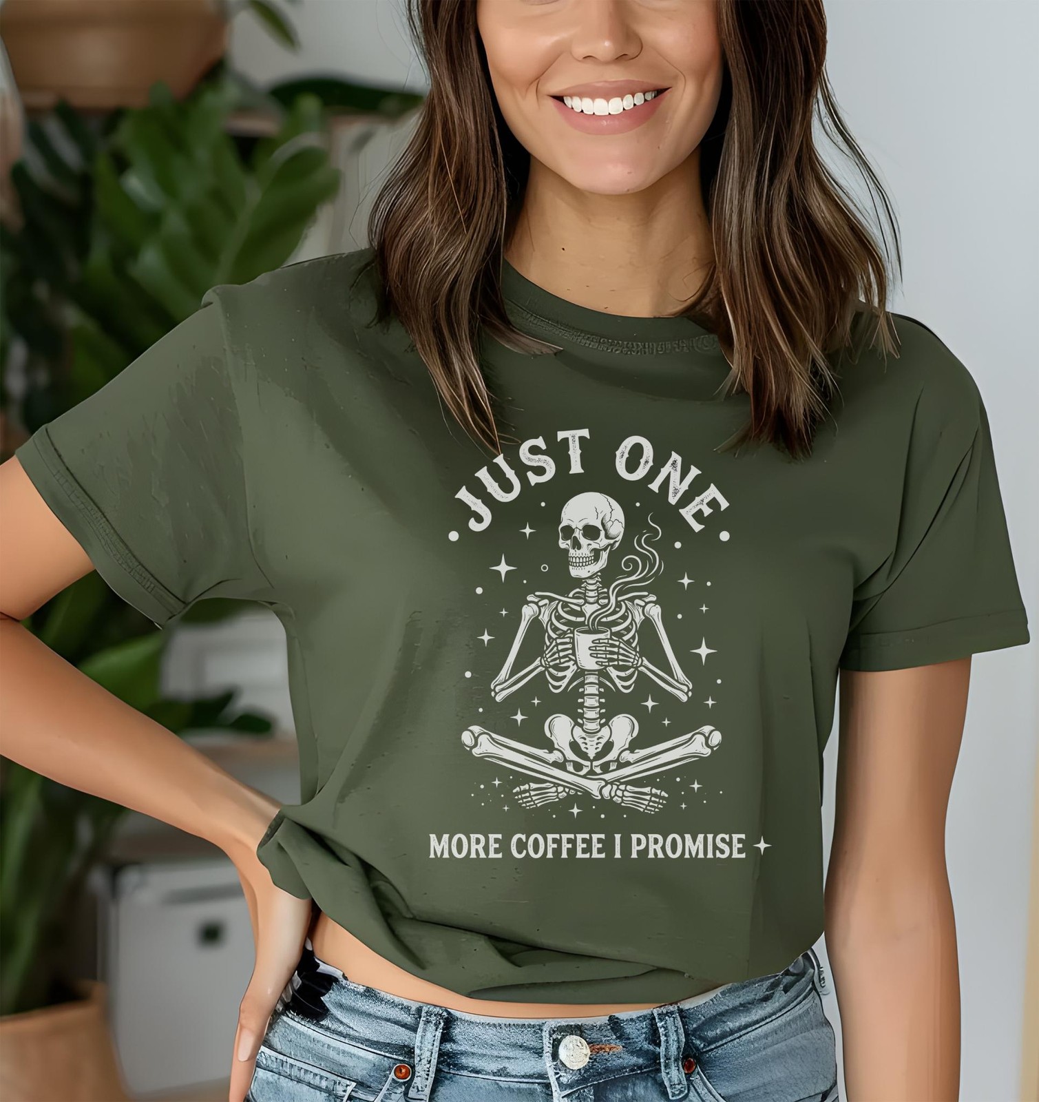 Just One More Coffee I Promise T-Shirt, Funny Skeleton Coffee Lover Tee, Spooky gallery