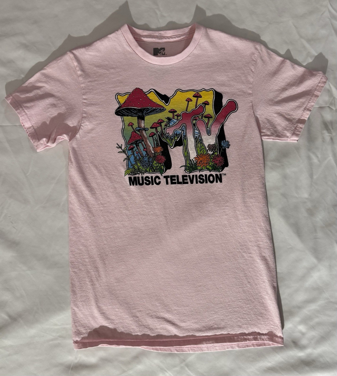 MTV Pink Graphic Print Logo Cotton Knit Crew Neck Short Sleeve T-Shirt S gallery