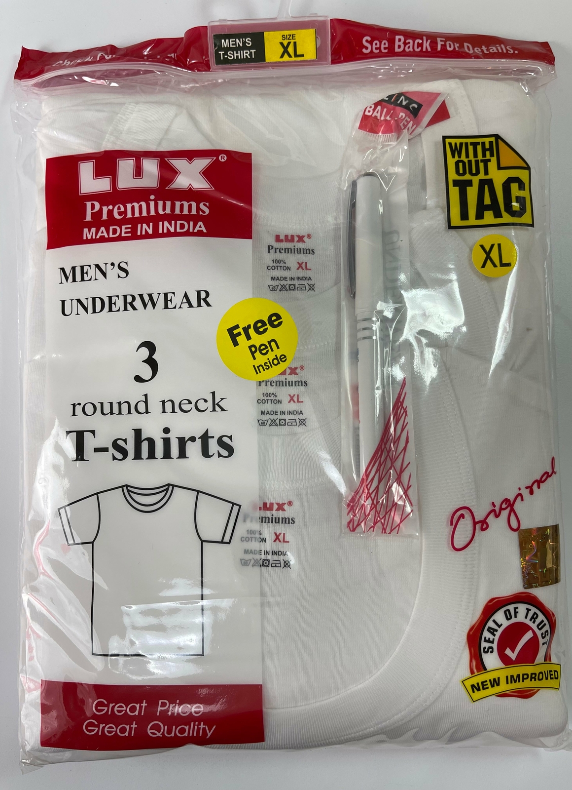 LUX PREMIUM 100% COTTON MEN`S T-SHIRT WHITE FINE SOFT 3 PACK FREE PEN INCLUDED gallery