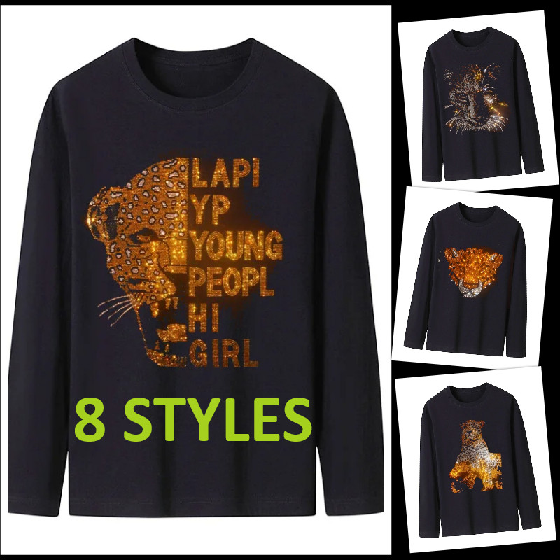 Fashion Leopard Rhinestones Diamond Long Sleeve Luxury Men Trend Black T-Shirt