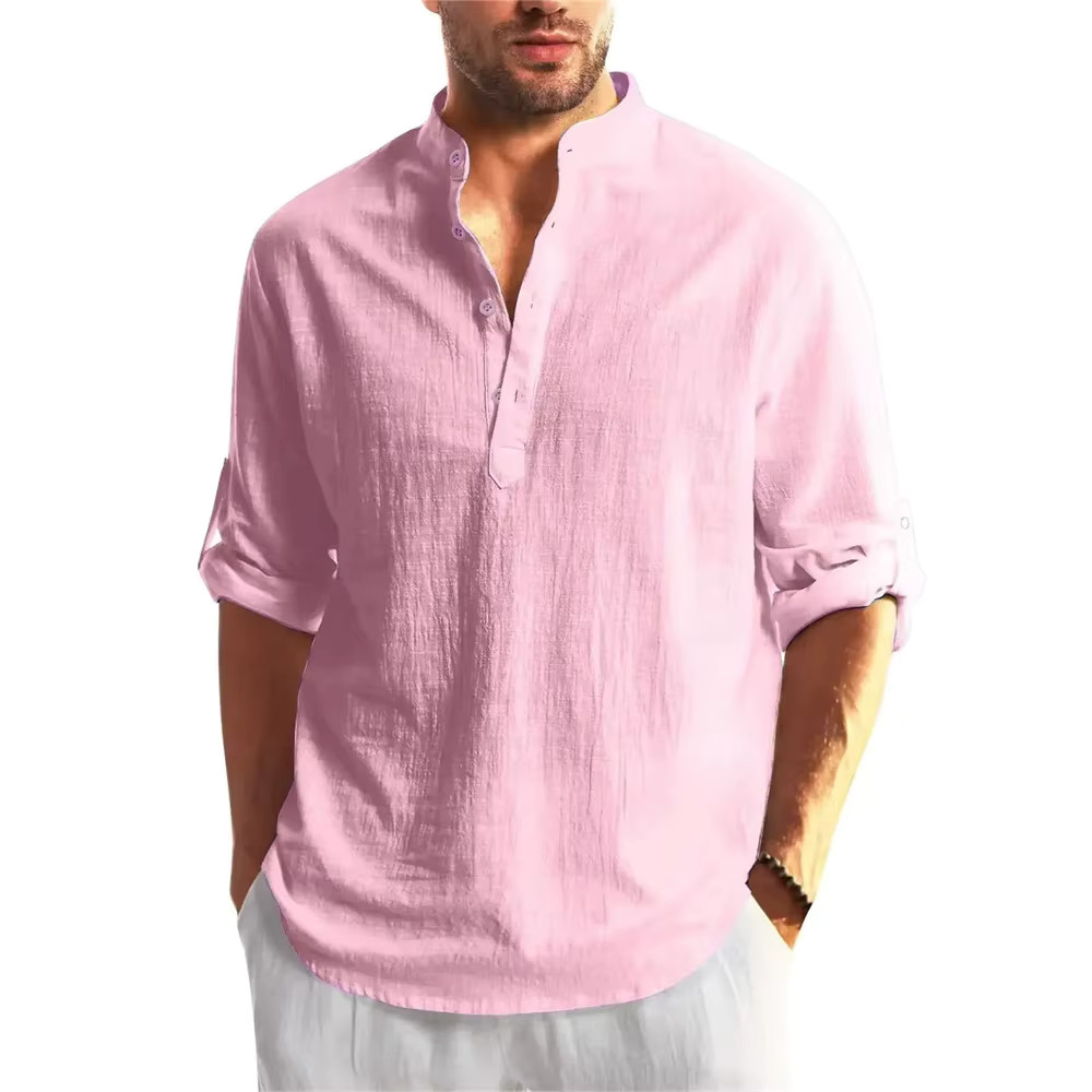 Men’s Cotton Linen Henley Long Sleeve T-Shirt Breathable Casual Autumn Top Tee gallery