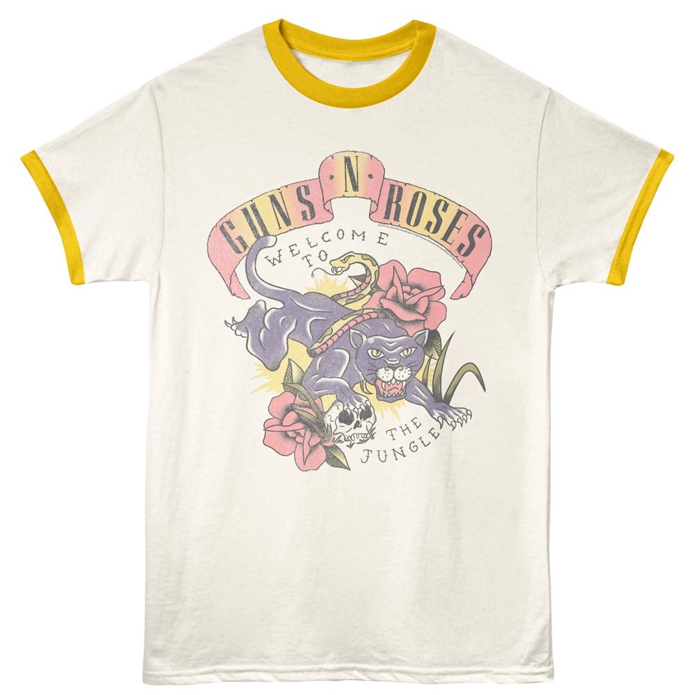 GUNS N' ROSES Ringer T-Shirt Mens TATTOO JUNGLE Music New Vintage White Yellow gallery