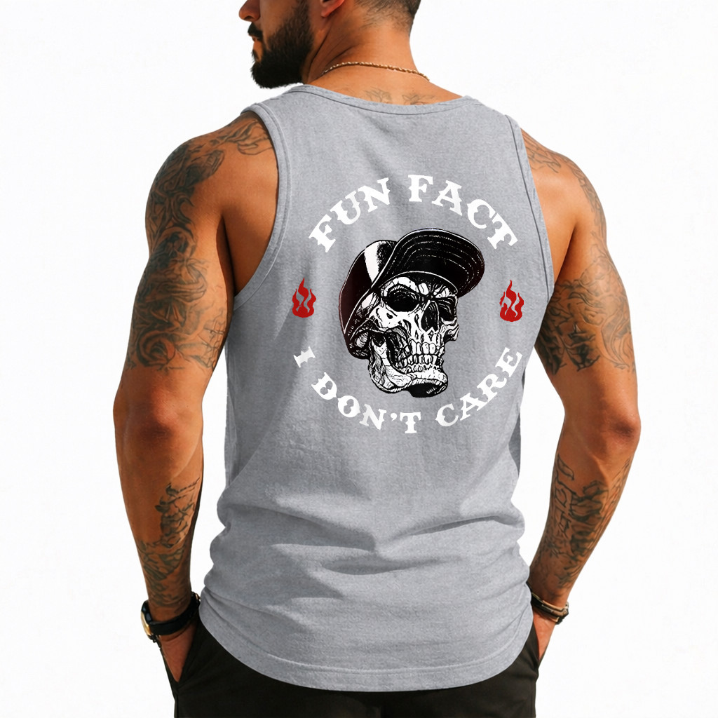 Fun Fact I Don't Care Funny Skeleton Saying Quote (On Back) Tank Top gallery