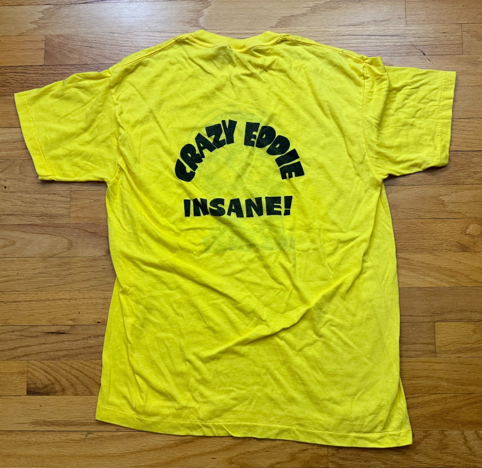 VTG Crazy Eddie T Shirt Mens Size XL Yellow 80s NYC MADE N USA Two Sided EX + gallery