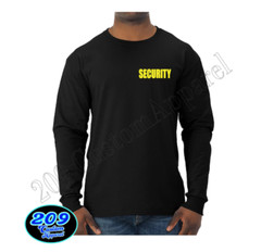 Long Sleeve Security T-Shirt Black Tee Staff Club Event Uniform Yellow/Wt Print