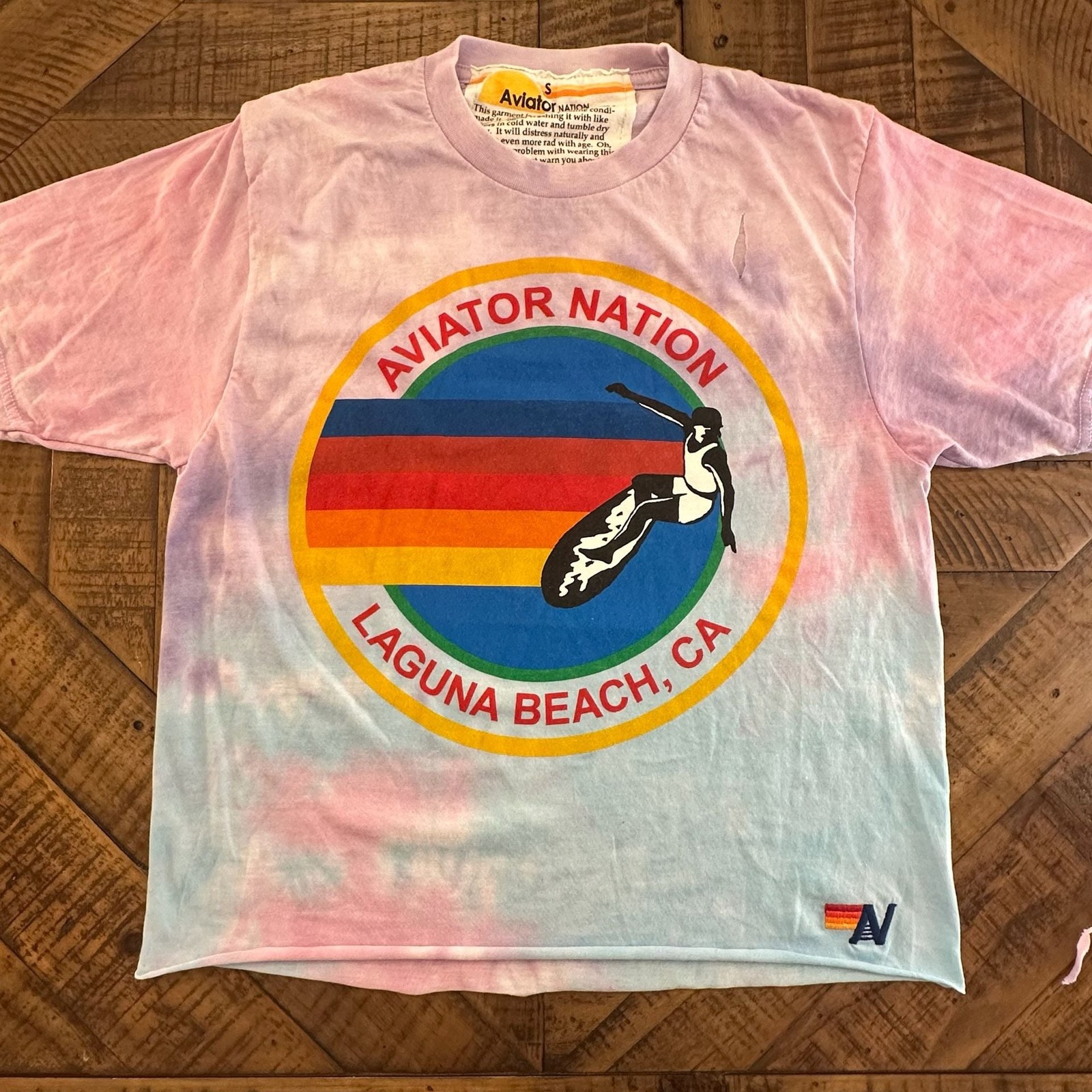 Aviator Nation Laguna Beach CA Surf Graphic Tie-Dye Raw Hem Tee gallery