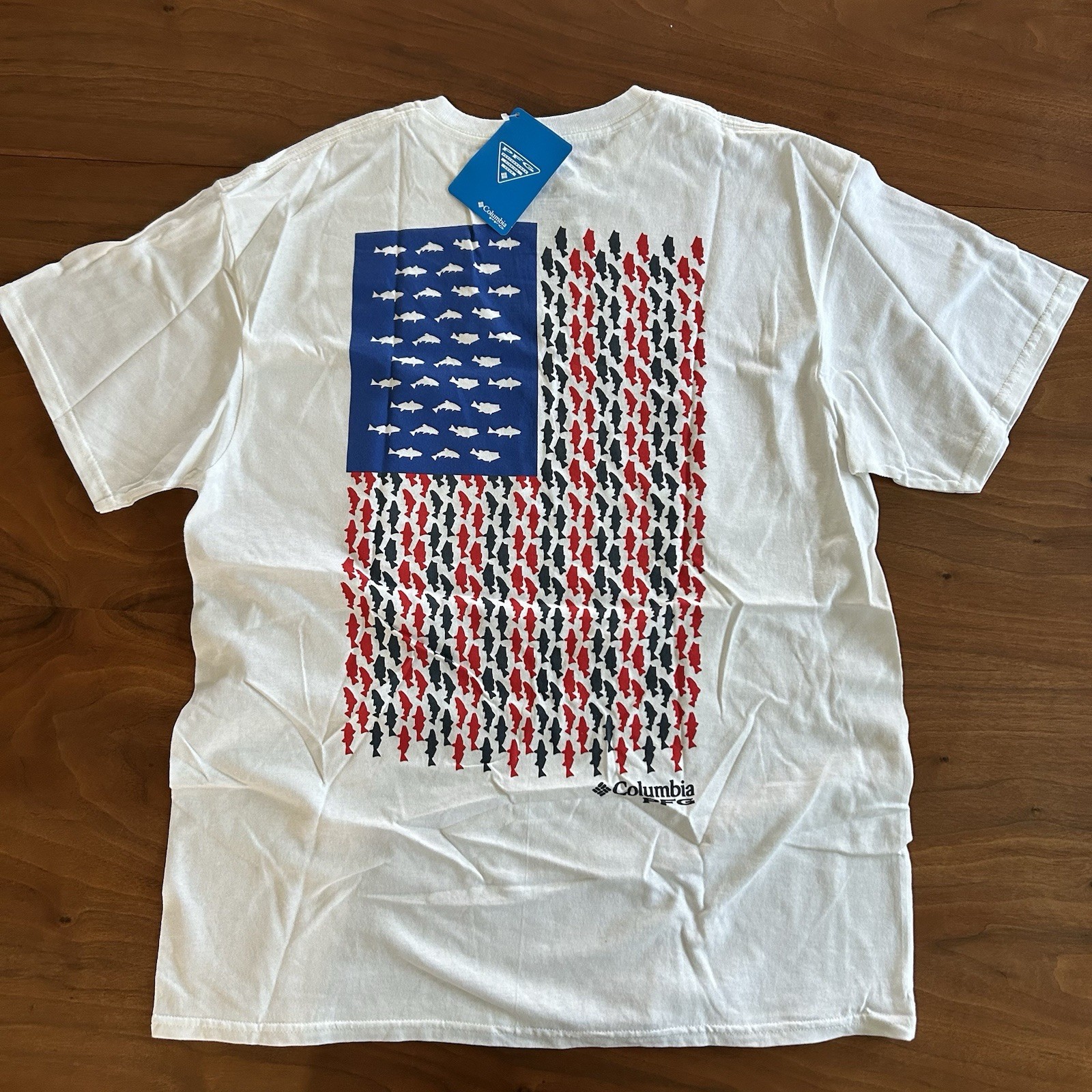NEW Columbia Shirt Mens Sz Large White PFG Fish American Flag Fishing Outdoor gallery