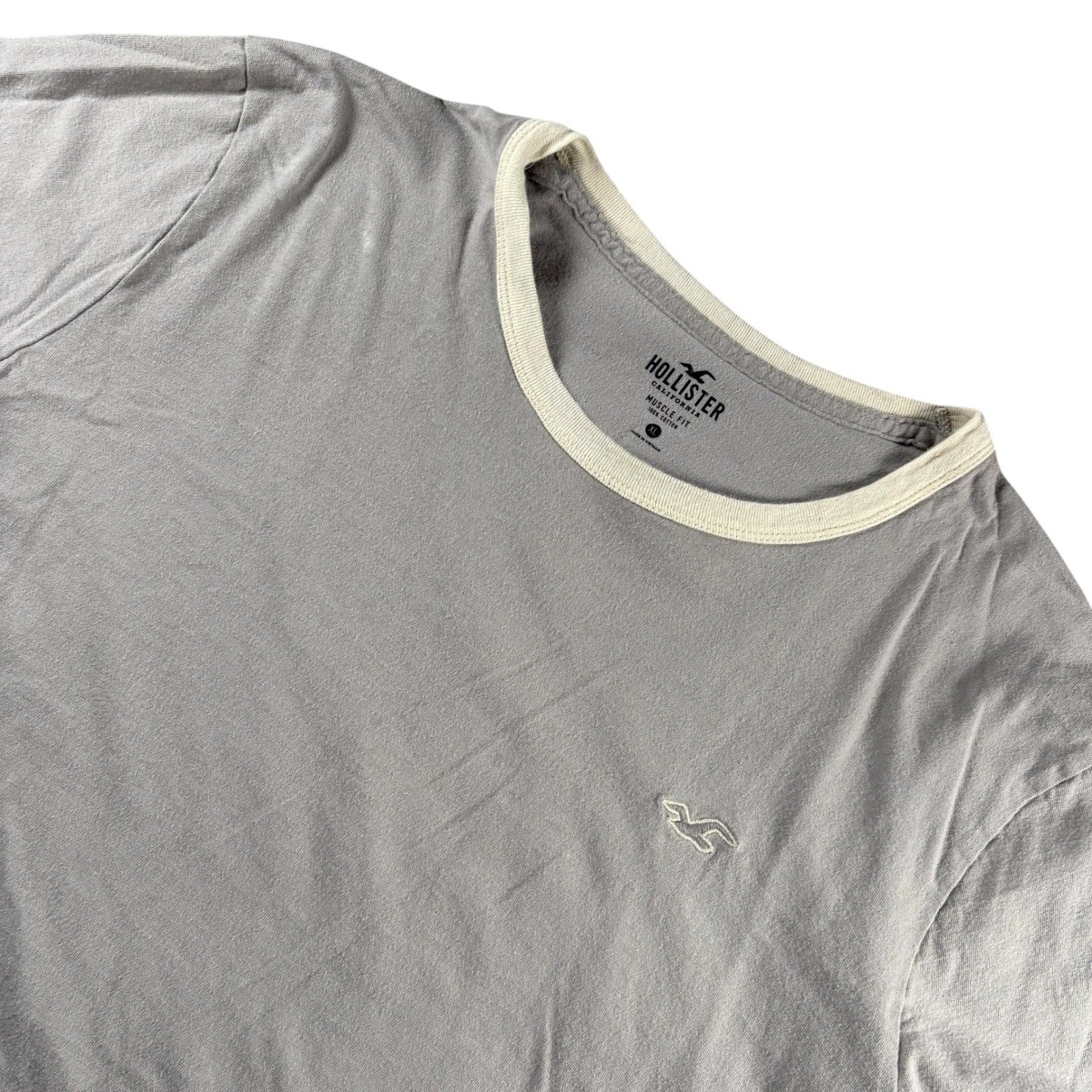 Hollister Mens Muscle Fit Ringer T-Shirt Gray Cream Trim Cotton XL Short Sleeve gallery