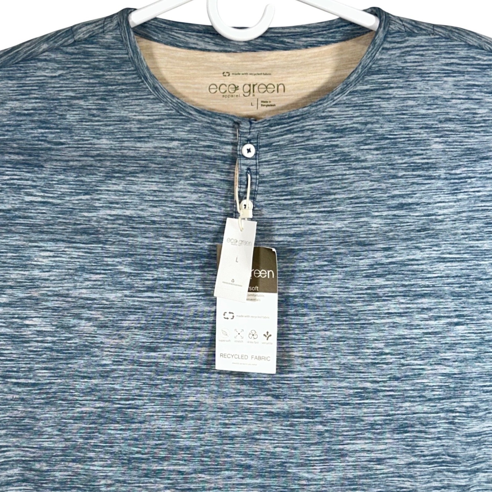 Eco Green Apparel Mens Blue Space Dye Long Sleeve Henley Shirt Size L New gallery