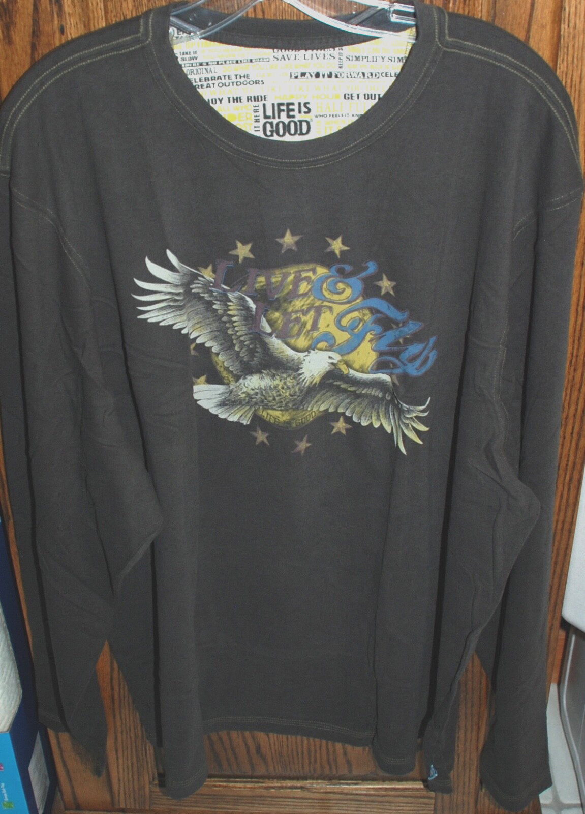 L NWT Men's Life is Good Live & Let Fly Eagle Brown Semi-fitted LS Creamy Tee gallery