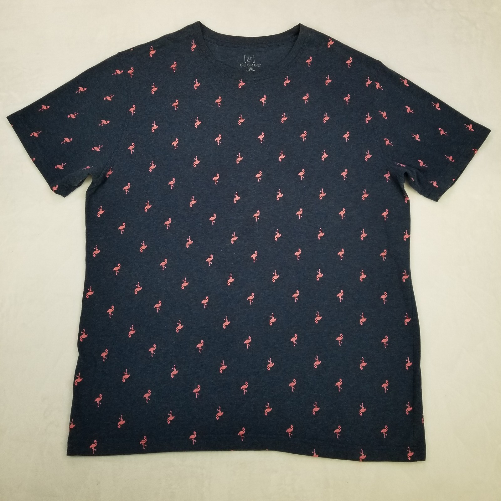 George Men’s Navy Pink Flamingo All Over Print T-Shirt Size Large Classic