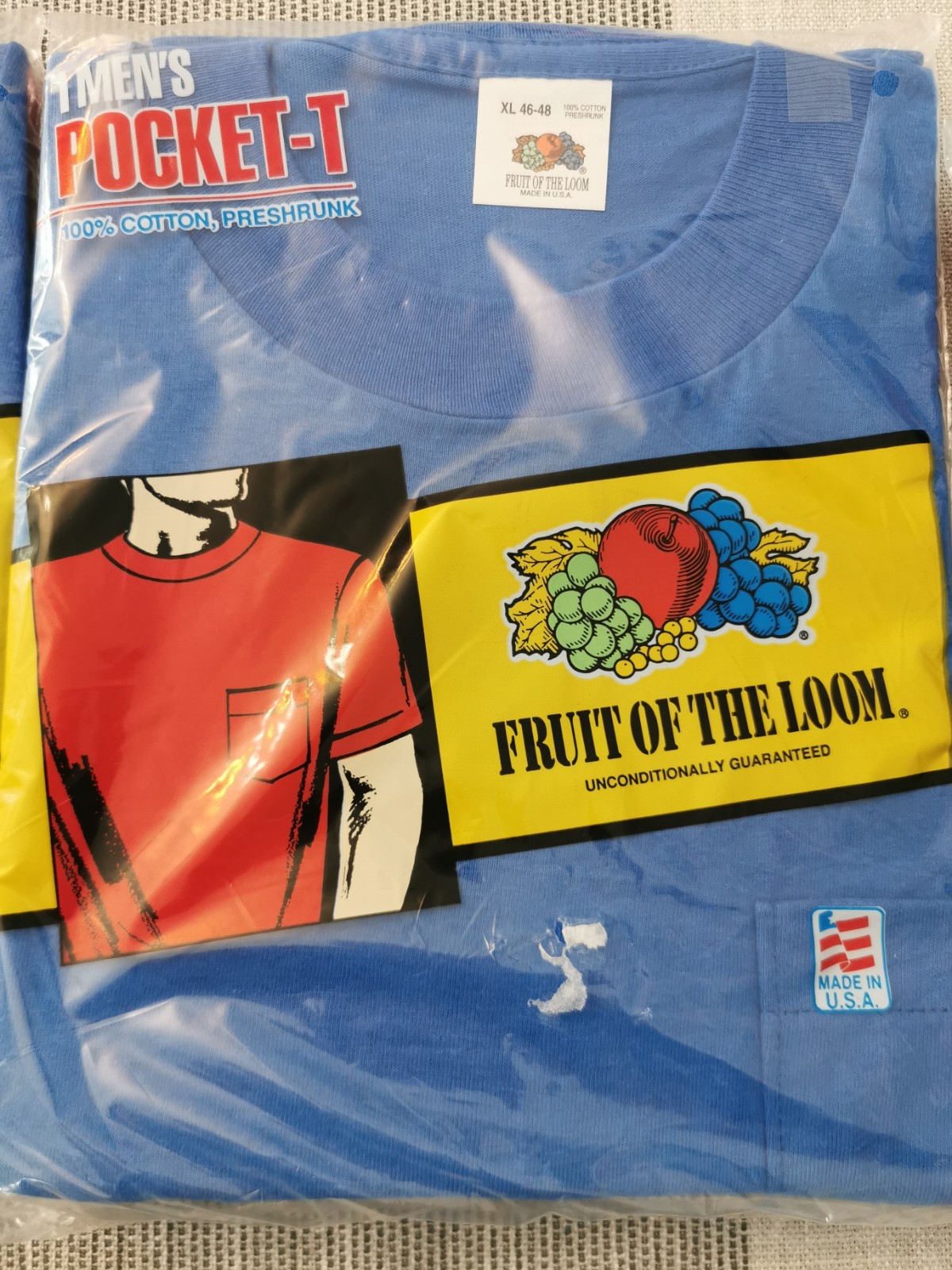 NOS VTG 1991 Fruit of the Loom Pocket T-Shirt BLUE Made in USA XL Single Stitch