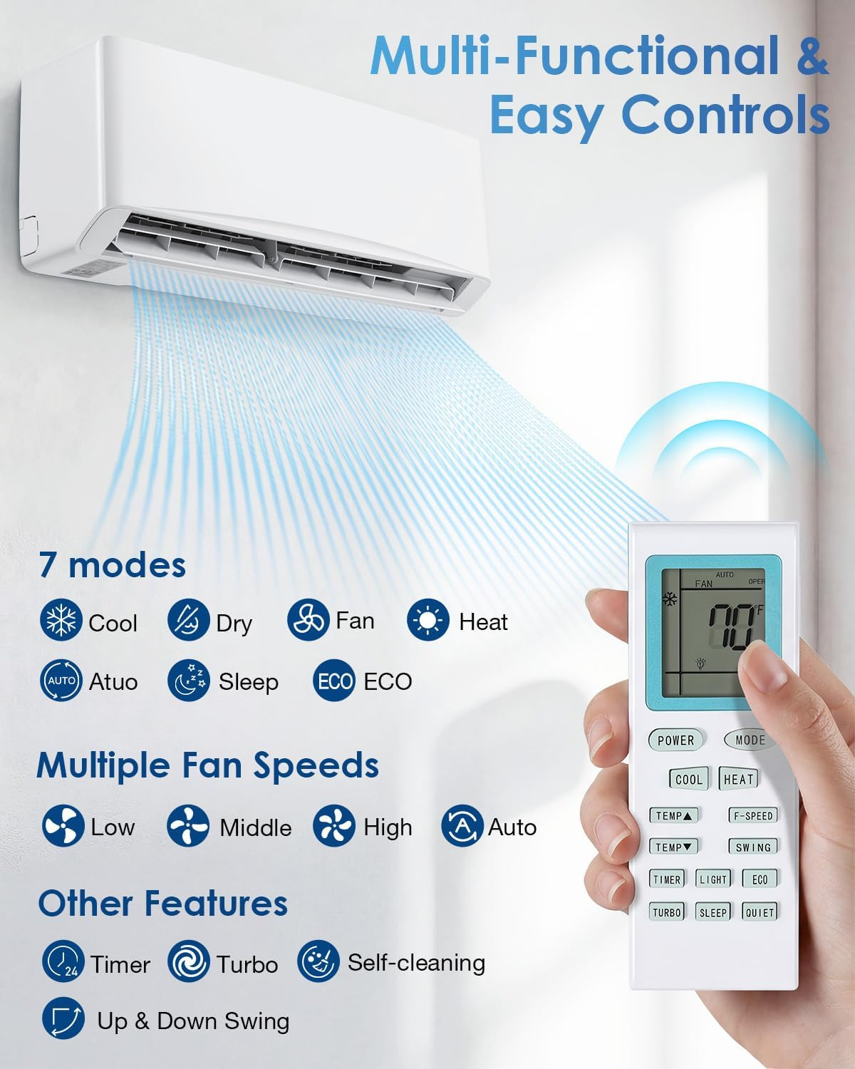 12000 BTU Mini Split AC, Wall Air Conditioner w/Heating Pump, WiFi & App Enabled