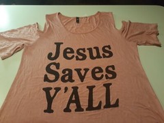 Pink Jesus Saves Y’all medium cold shoulder T Shirt Tee Religious God Faith