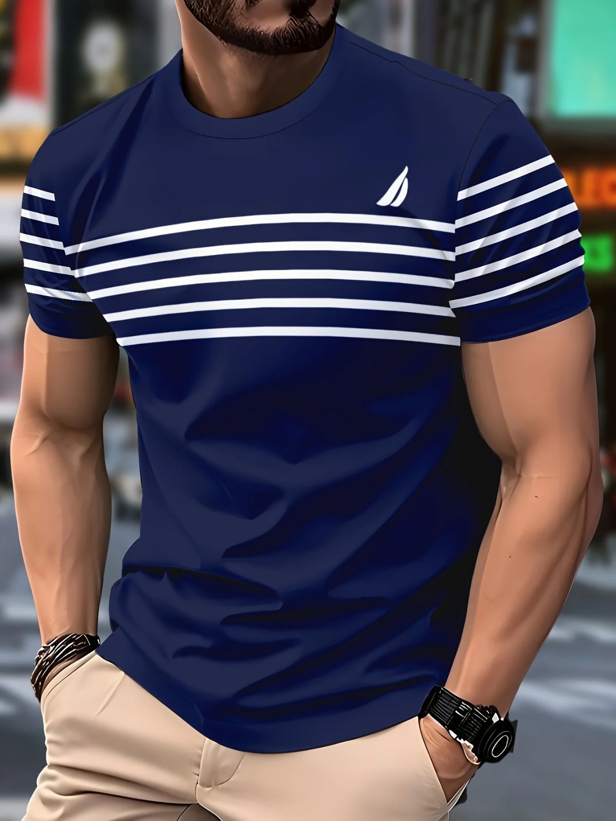 Men’s 3D Printed Stripe Anchor T-Shirt Harajuku Street Style Round Neck Short Sl gallery