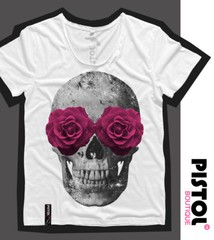 Pistol Boutique Men’s Fitted White Round Scoop Neck ROSE EYES SKULL T-shirt