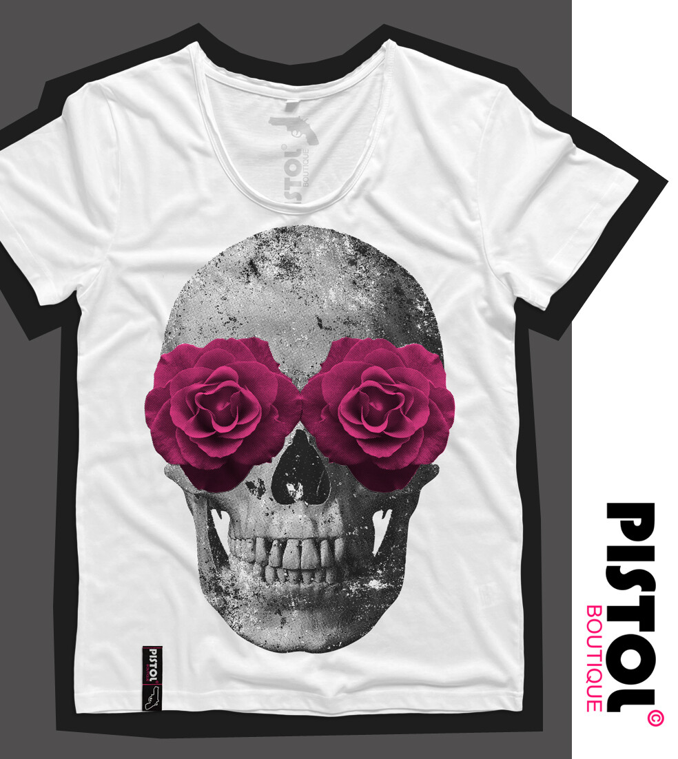 Pistol Boutique Men's Fitted White Round Scoop Neck ROSE EYES SKULL T-shirt gallery