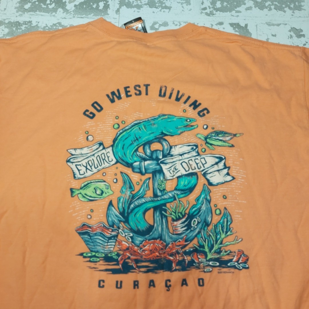 Duck Co. Go West Diving Explore The Deep Curacao T Shirt Sz Lg 2016 Peach Tee