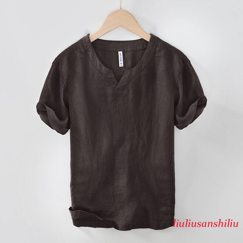 Men 100% Linen T-shirt V Neck Summer Short Sleeves Retro Tops Casual Undershirt gallery
