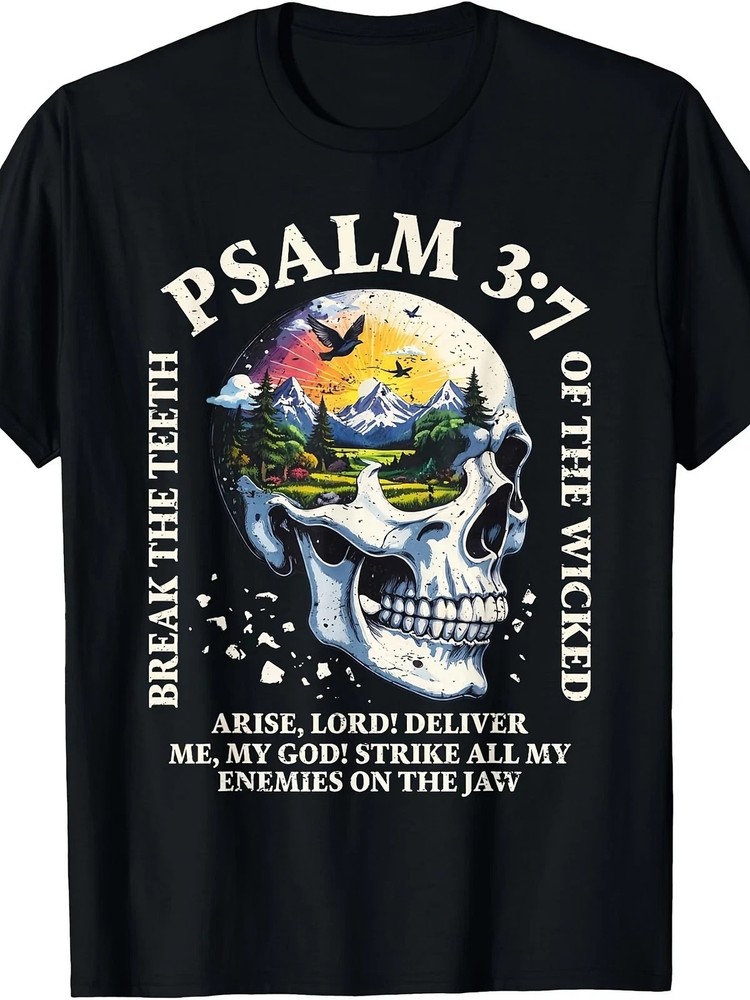 Sunset Skull Faith Graphic Tee Psalm 3:7 Inspirational Shirt