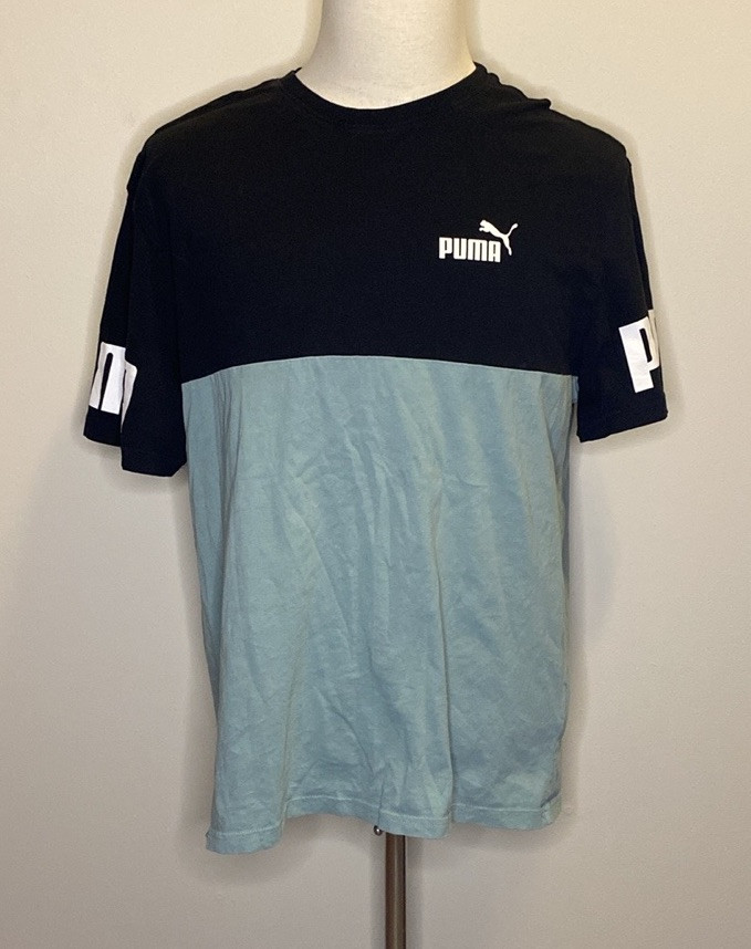 Puma Blue and Black Colorblocked Logo Athletic T-Shirt (sz L)