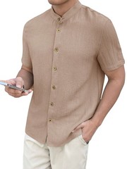 Men’s Stand Collar Textured Short Sleeve Button-Down Casual Summer Shirt