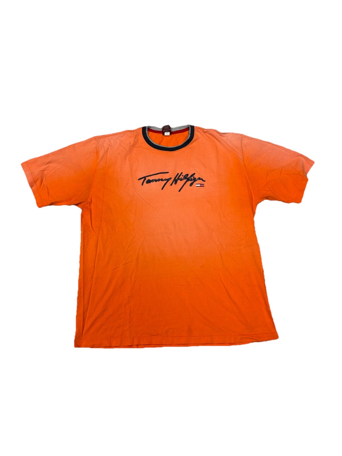 Vintage Tommy Hilfiger Denim Burnt Orange T-Shirt Raised Lettering • Size XL