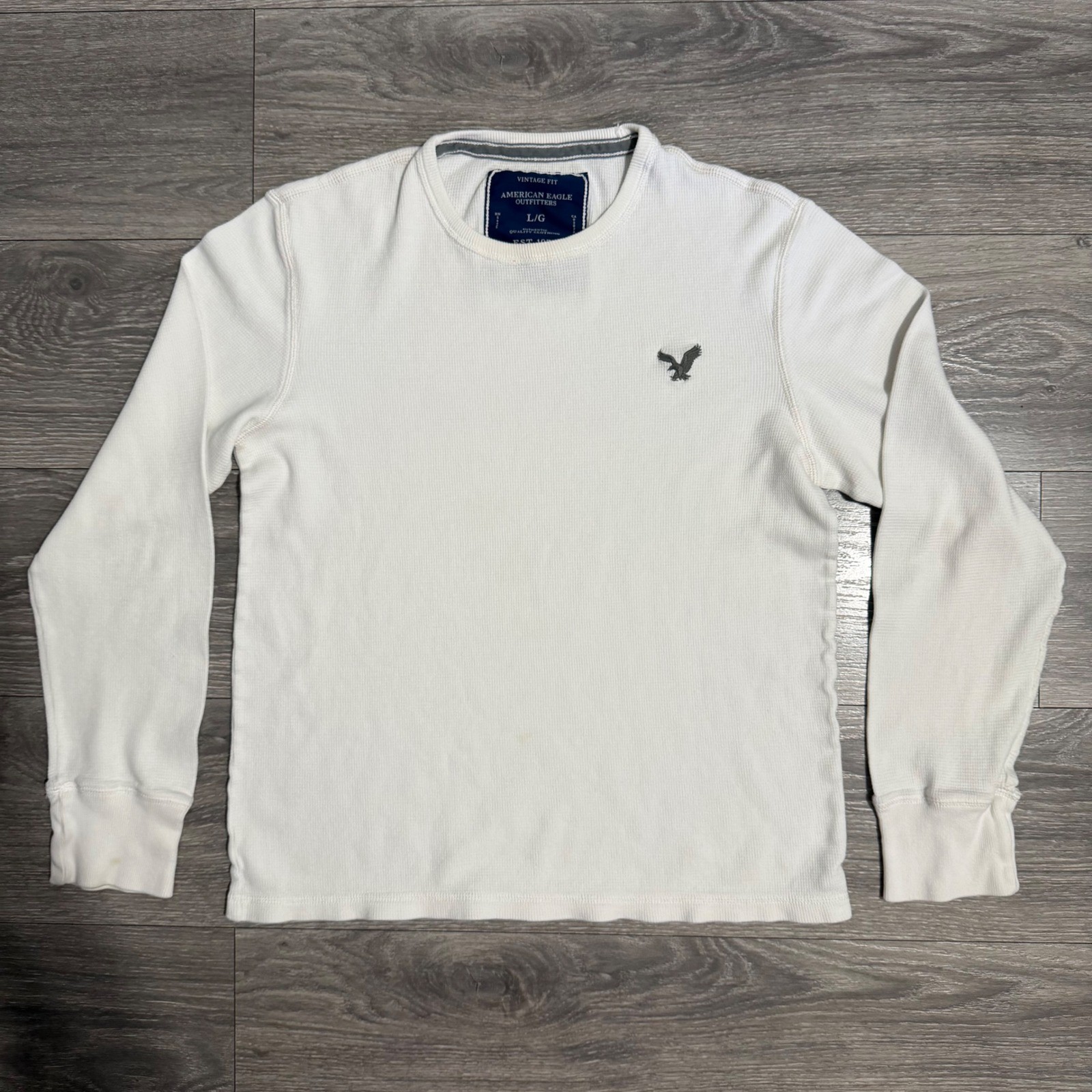 Y2K American Eagle Mens Shirt L White Waffle Knit Thermal Long Sleeve Minimalist