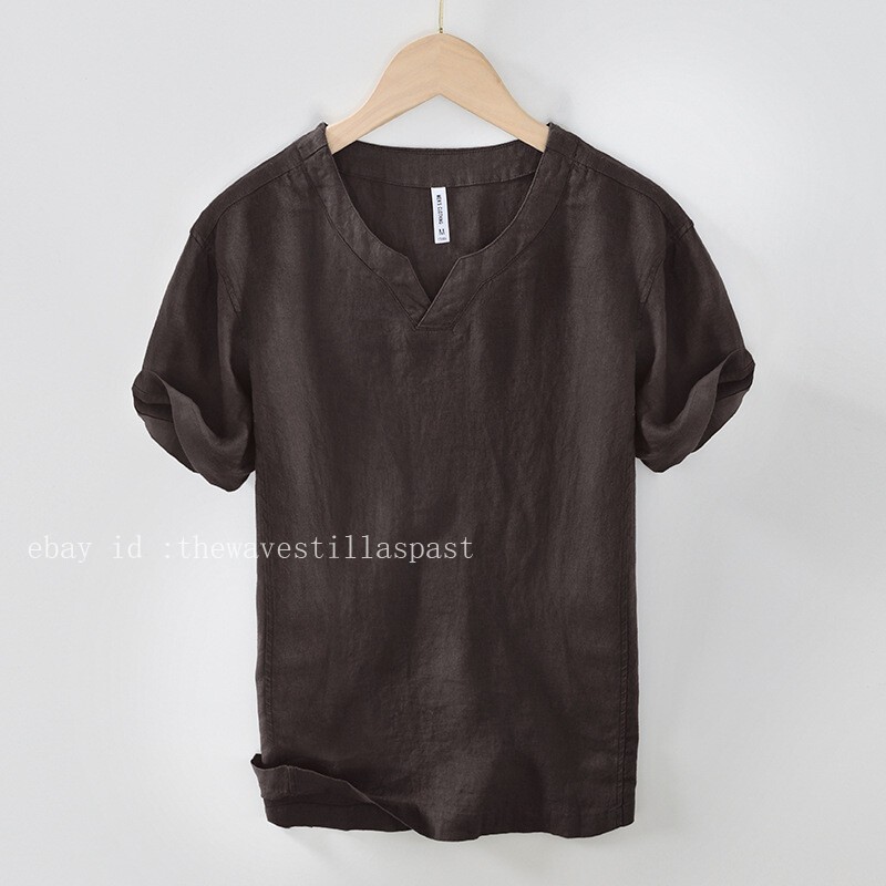 100% Linen Men T-shirt V Neck Summer Short Sleeves Retro Tops Casual Undershirt gallery