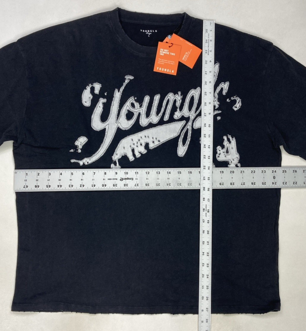 YoungLA Distressed Script T-shirt Men Large Oversized Black Short Sleeve gallery