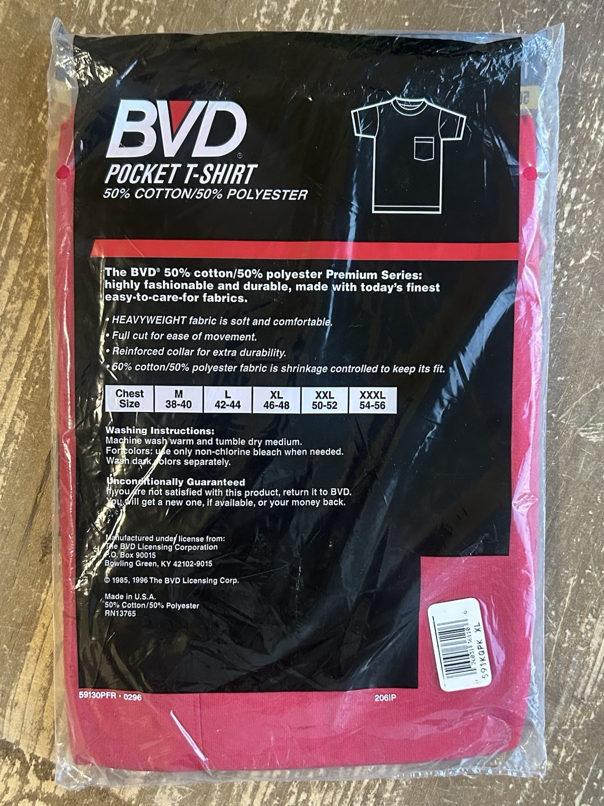 NOS Vintage 90s BVD 50/50 Heavyweight Red Pocket Cotton Poly T Shirt USA New XL gallery