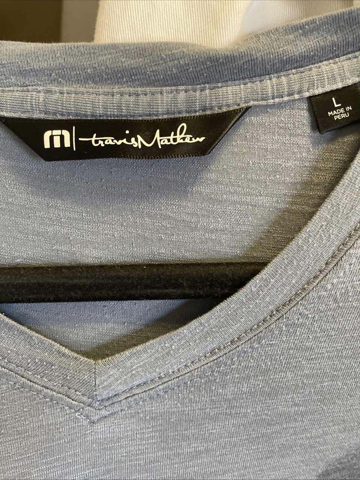 Travis Mathew vneck shirt. Slate blue semi sheer Large gallery
