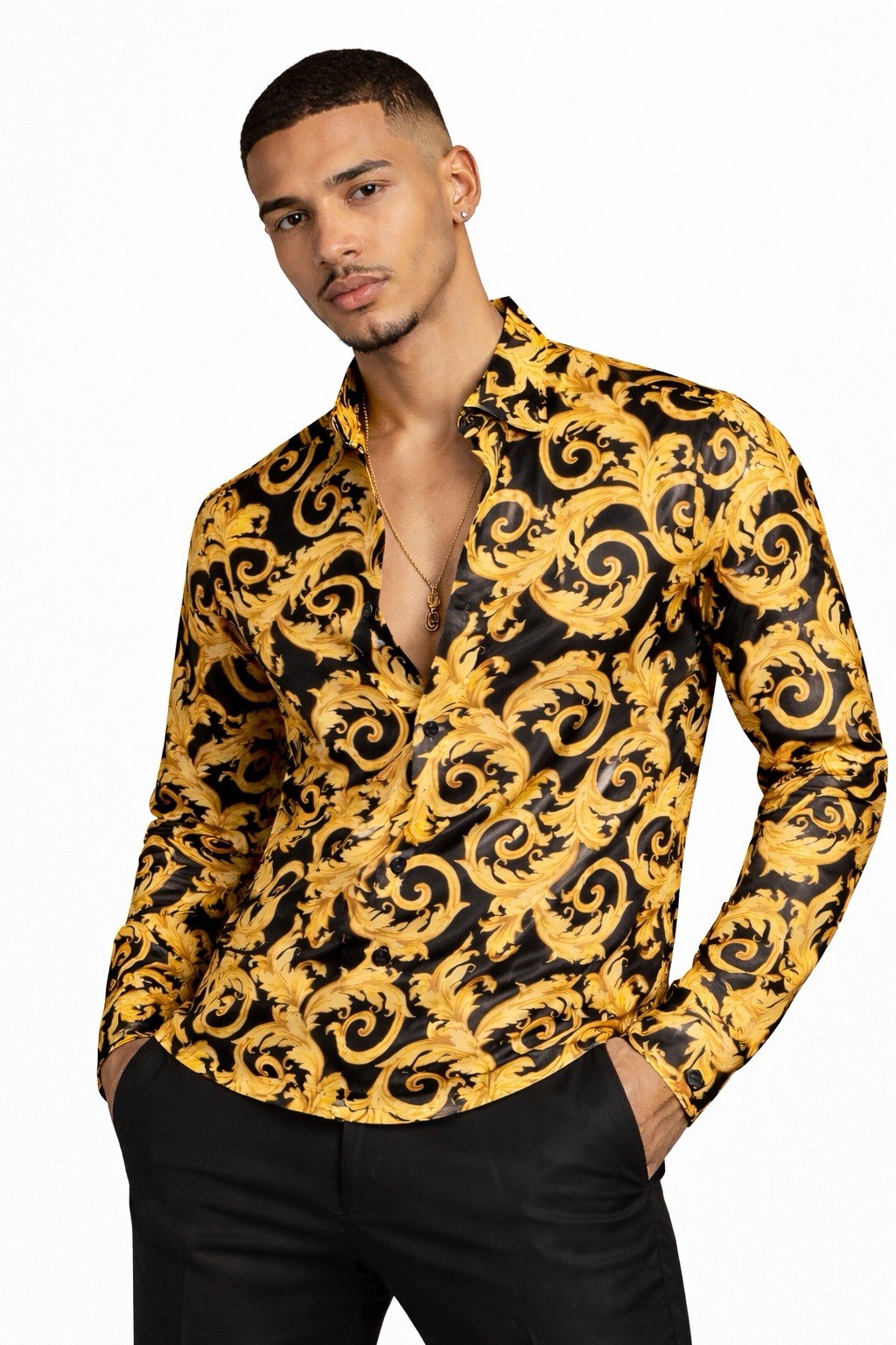 Versace Informal Shirt Twill Poly Baroque Black And Gold 50IT(US L)$1750 Retail