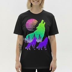 Wolves Howling Moon Forest Silhouette Neon Synthwave Retro Graphic Tee