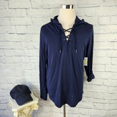NWT INC International Concepts Men Size M Blue Tab Sleeve Lace Up Hooded T-Shirt